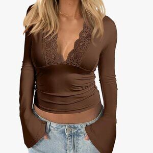 Women's Lace Deep V Neck Long Sleeve Low Cut Crop Top Slim Fitted T Shirt Fall